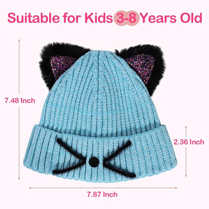 ACTLATI Little Girls Sequin Cat Ears Hats Cute Warm Knit Beanie Hat for Kids Winter Outdoor Snow Ski Skull Cap 3-8 Years - Image 2